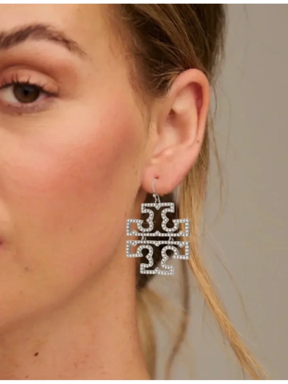TORY BURCH • Silver Britten Crystal Logo Drop Earrings